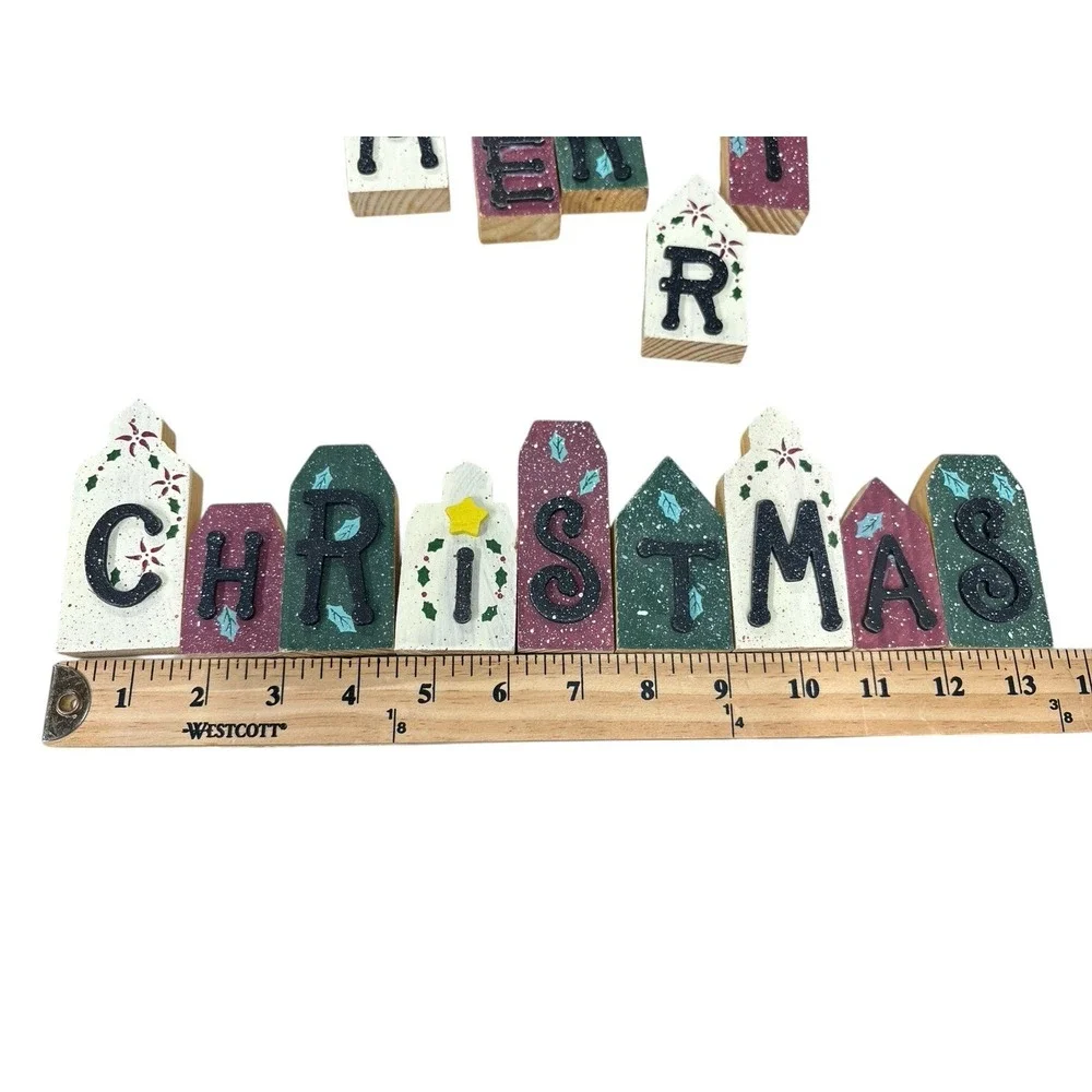 VTG Merry Christmas Wood Block Set Table Counter Window Decor Reindeer Santa Set